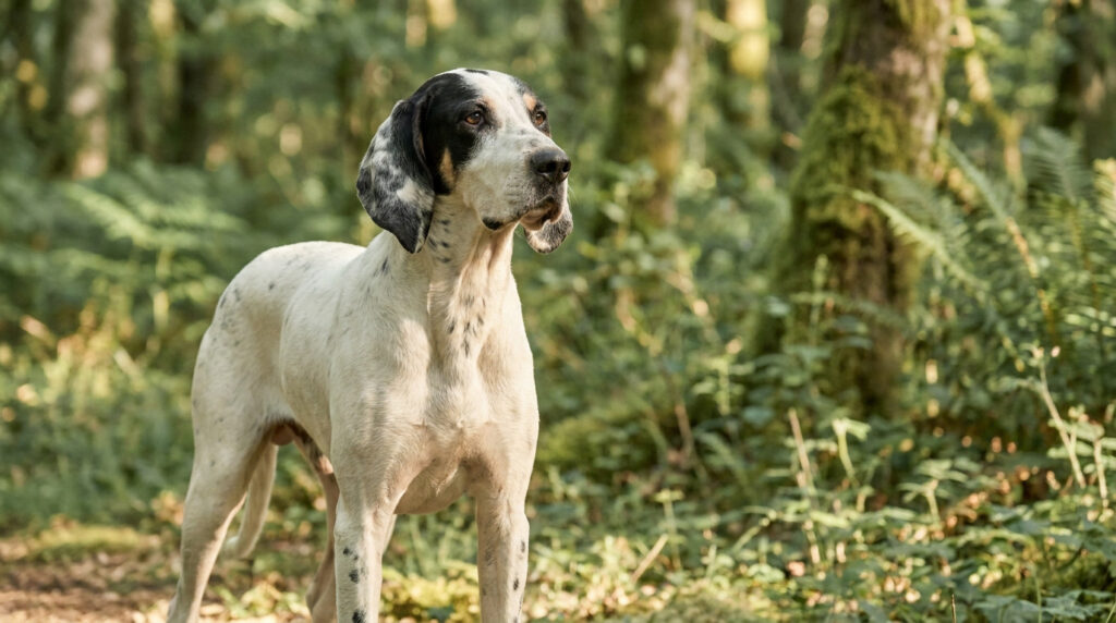 Chien Gascon saintongeois au pelage blanc et noir debout dans une forêt verdoyante, regardant sur le côté.