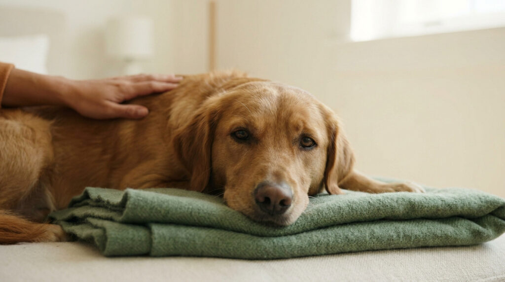 Un chien doré fatigué allongé sur une couverture verte, caressé par la main de son propriétaire.