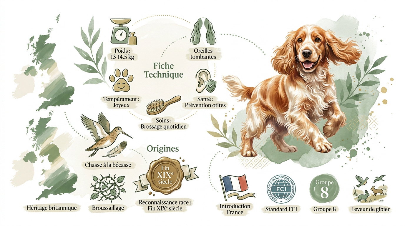Cocker Spaniel Anglais assis dans l'herbe montrant ses longues oreilles soyeuses