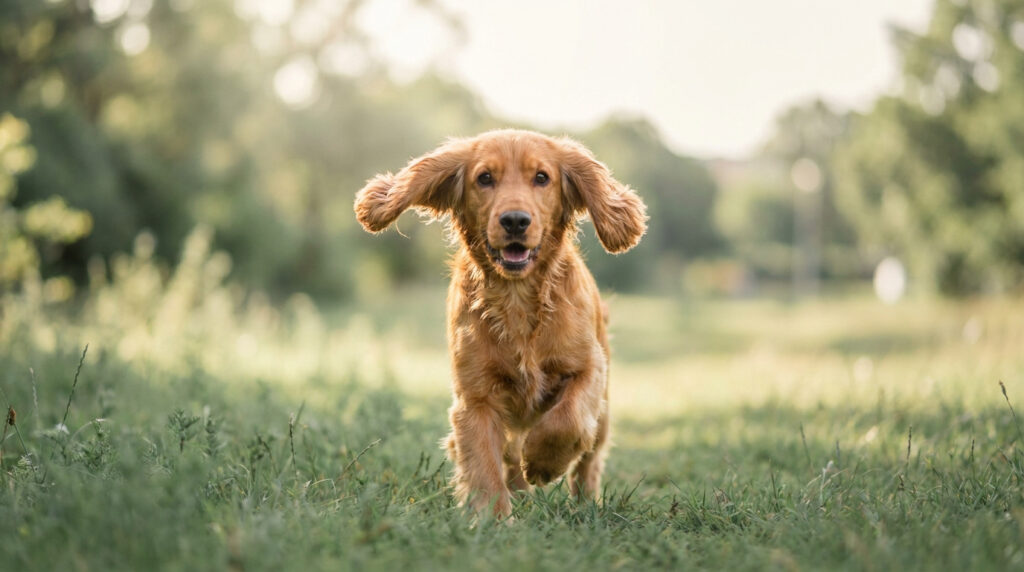 Un Cocker anglais doré court joyeusement dans un parc verdoyant avec ses oreilles qui volent.