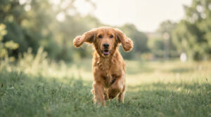 Un Cocker anglais doré court joyeusement dans un parc verdoyant avec ses oreilles qui volent.