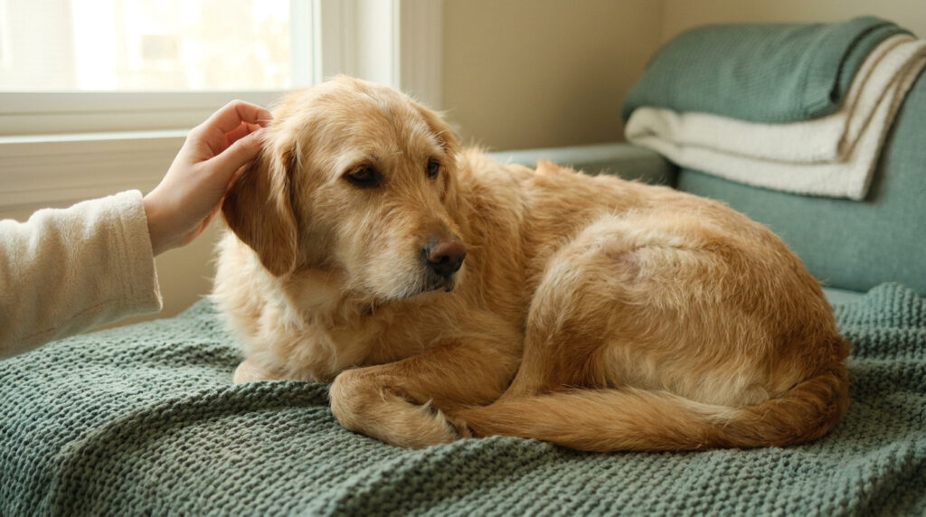 Un chien golden retriever allongé sur un plaid vert, caressé par une main humaine pour le rassurer.