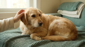 Un chien golden retriever allongé sur un plaid vert, caressé par une main humaine pour le rassurer.