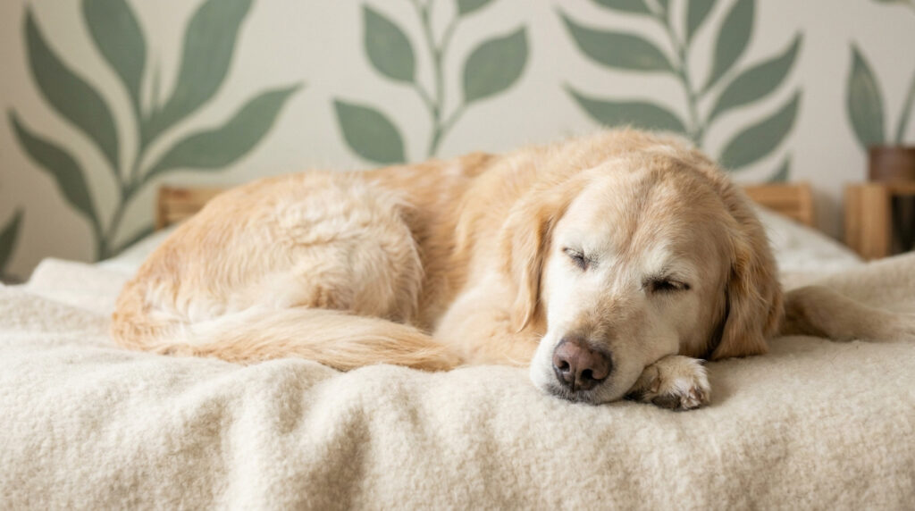 Un chien golden retriever âgé dort tranquillement en boule sur une couverture beige dans une chambre.