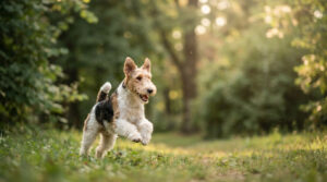 Un chien Fox Terrier tricolore court joyeusement dans un parc ensoleillé.