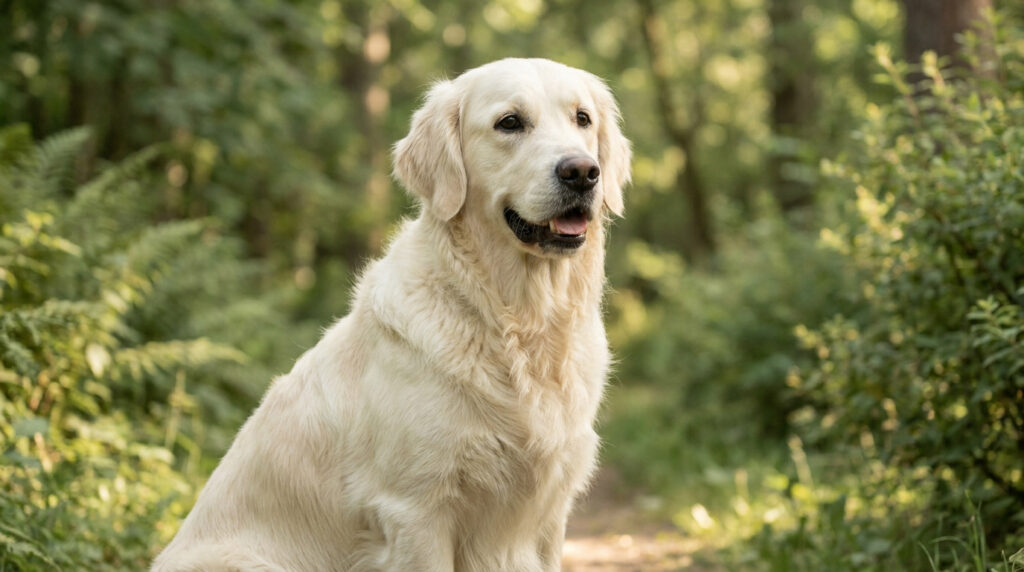 Un magnifique Golden Retriever au pelage crème assis paisiblement dans un sentier en forêt.