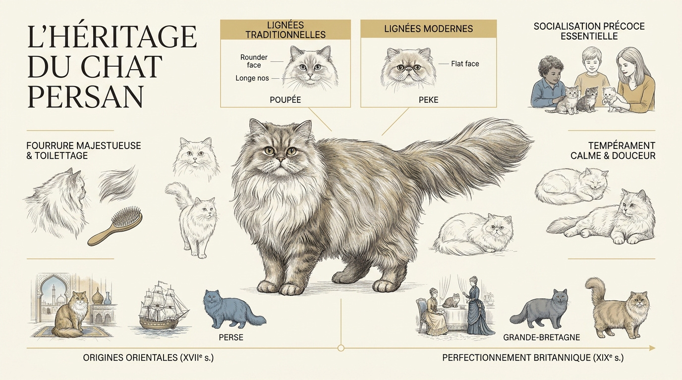 Chat Persan majestueux au pelage long et soyeux illustrant son héritage historique
