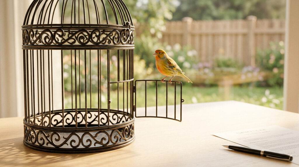Un petit oiseau jaune perché sur la porte ouverte d'une cage décorative posée sur une table près d'un document.