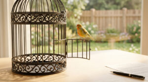 Un petit oiseau jaune perché sur la porte ouverte d'une cage décorative posée sur une table près d'un document.