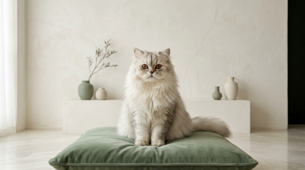 Un chat Persan aux longs poils gris et blancs assis sur un grand coussin vert dans un intérieur minimaliste épuré.