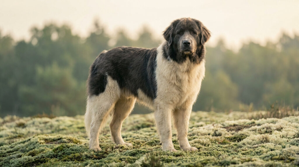 Un chien de montagne des Pyrénées tricolore se tenant fièrement dans un paysage naturel.