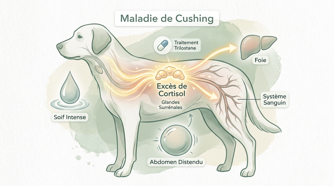 Chien âgé présentant des symptômes de la maladie de Cushing comme un abdomen distendu