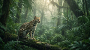 Un ocelot au pelage tacheté perché sur un tronc d'arbre moussé dans une jungle tropicale dense et brumeuse.