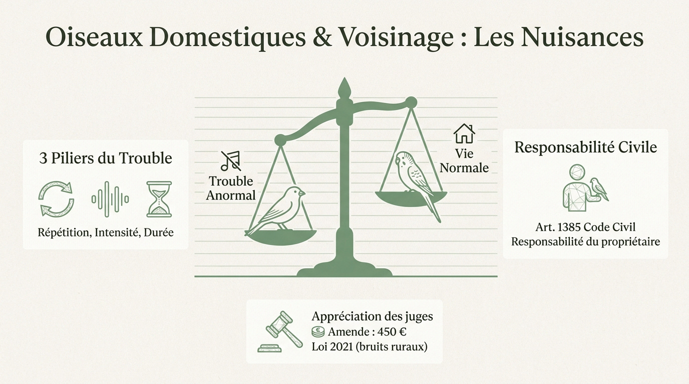 Oiseaux en volière extérieure pouvant causer des nuisances sonores au voisinage