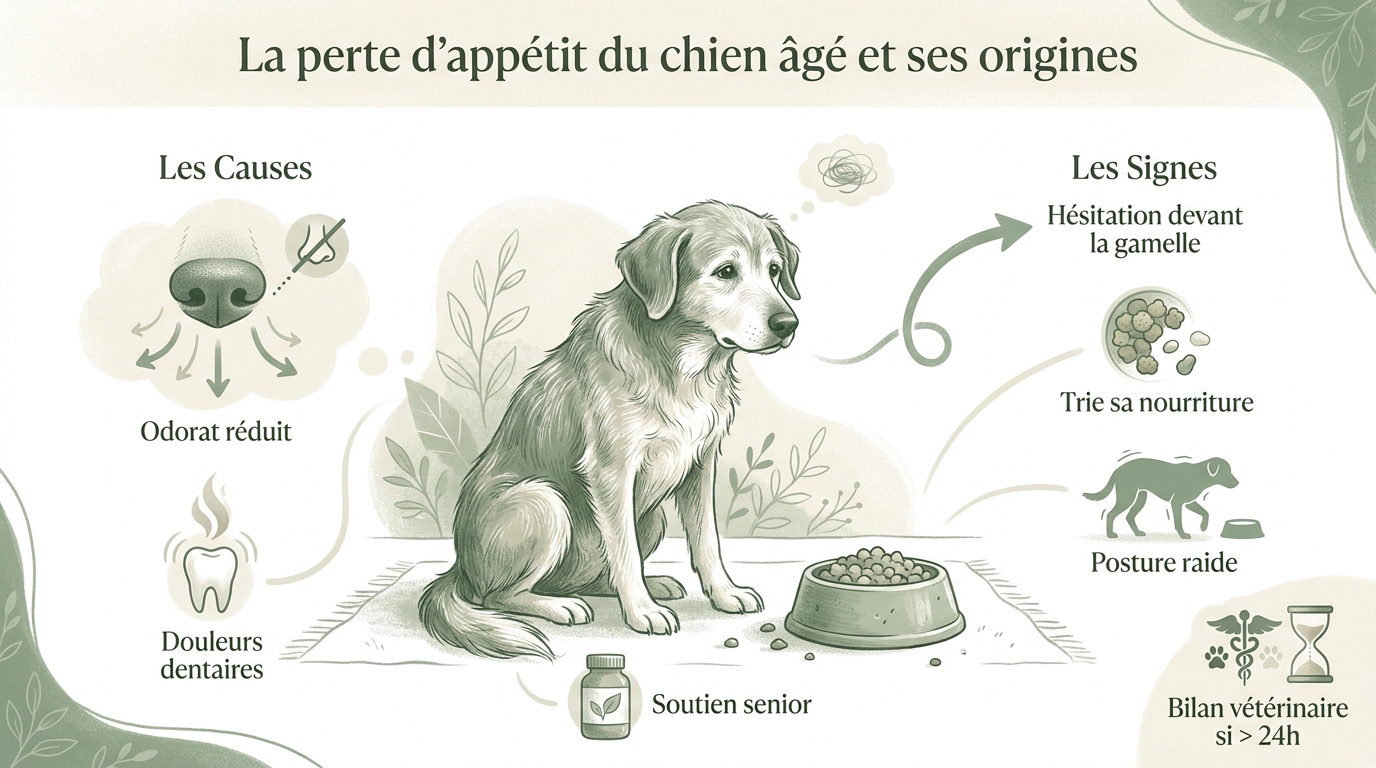 Vieux chien triste devant sa gamelle de croquettes