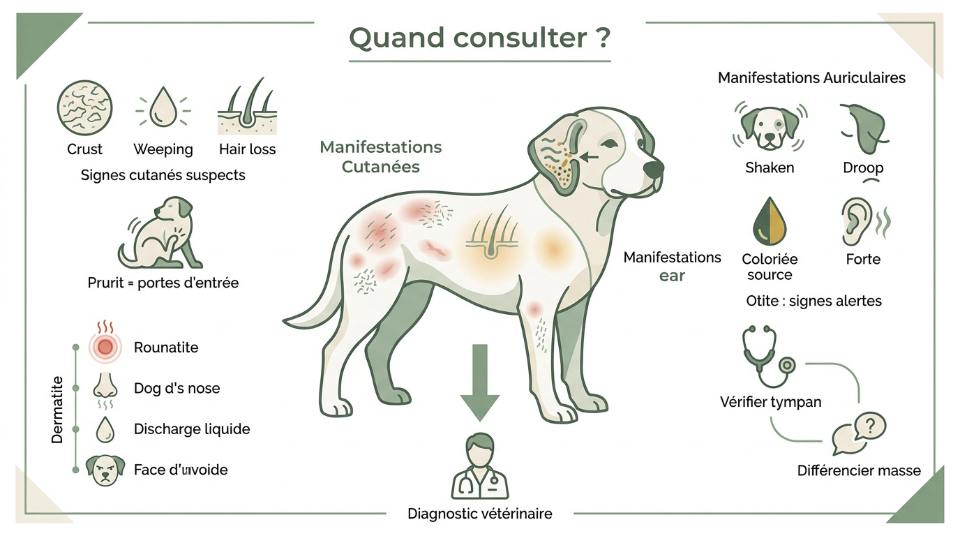Chien présentant des signes d'irritation cutanée et auriculaire nécessitant une consultation