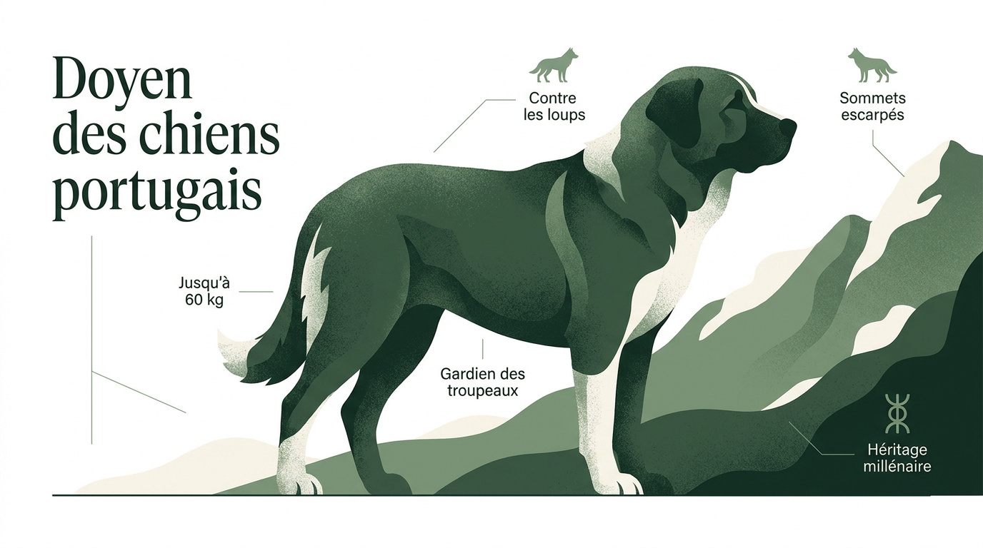 Chien de la Serra da Estrela debout dans un paysage montagneux portugais