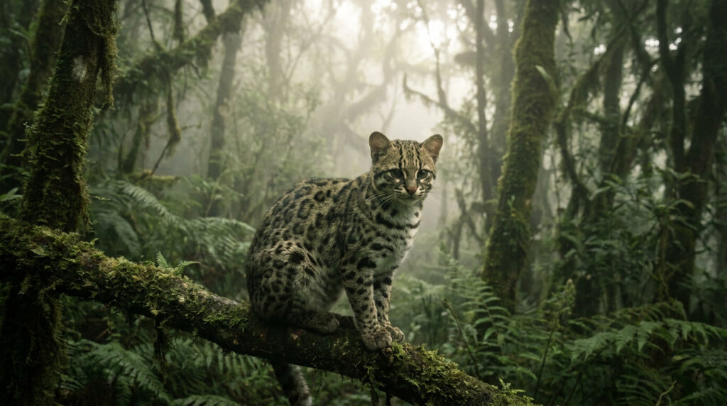 Un petit félin tacheté aux yeux attentifs est perché sur une branche moussue au cœur d'une forêt tropicale brumeuse.