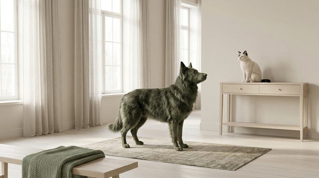 Un chien au pelage gris-vert regarde un chat blanc assis sur une console dans un salon minimaliste.