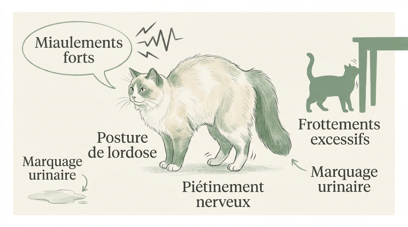 Chatte en chaleur adoptant une posture de lordose et miaulant