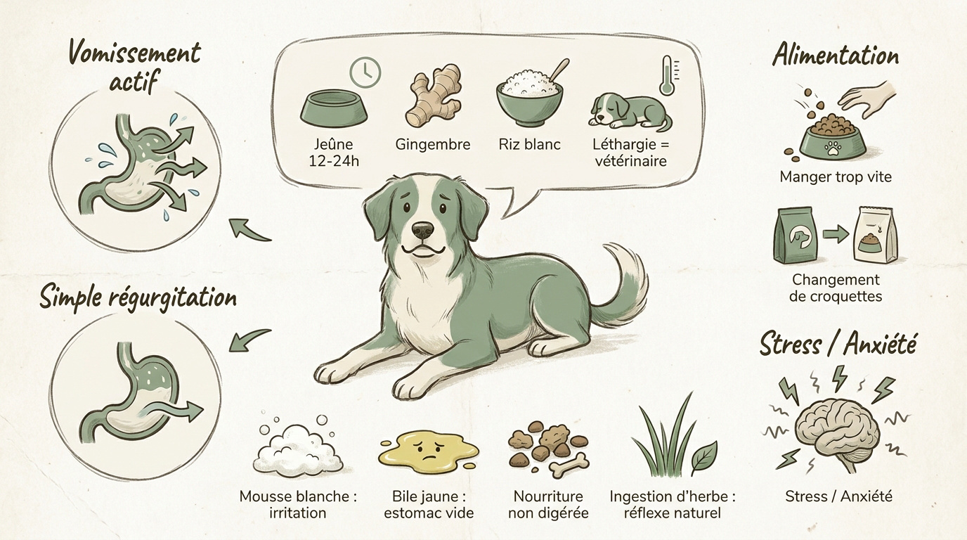 Schéma explicatif des différences entre vomissement et régurgitation chez le chien