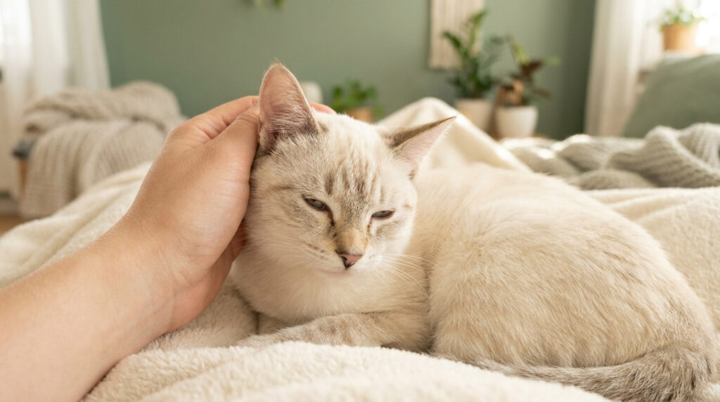 Une main caresse la tête d'un chat crème aux yeux mi-clos allongé confortablement sur une couverture douce.