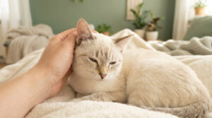 Une main caresse la tête d'un chat crème aux yeux mi-clos allongé confortablement sur une couverture douce.