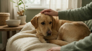 Un labrador doré couché sur une couverture, caressé avec tendresse par son propriétaire dans un salon chaleureux.