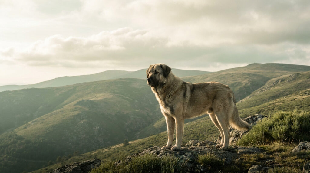 Un grand chien de la Serra da Estrela se tient fièrement sur un rocher face à un paysage montagneux sous un ciel nuageux.