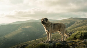 Un grand chien de la Serra da Estrela se tient fièrement sur un rocher face à un paysage montagneux sous un ciel nuageux.