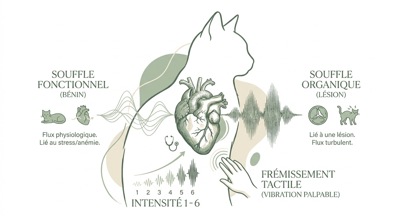 Schéma explicatif comparant un flux sanguin laminaire normal et une turbulence créant un souffle cardiaque chez le chat