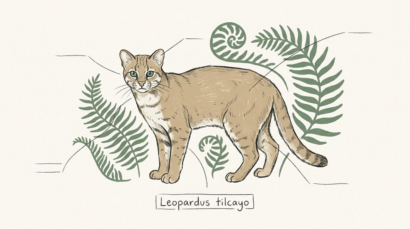 Illustration scientifique du Leopardus tilcayo, petit félin tacheté des Andes boliviennes