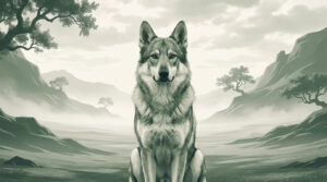 Un chien-loup tchécoslovaque assis majestueusement au centre d'un paysage montagneux brumeux dans des tons monochromes.
