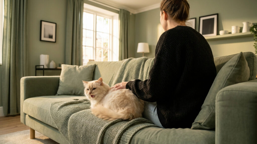Une femme caresse un chat blanc à poil long sur un canapé vert dans un salon lumineux.
