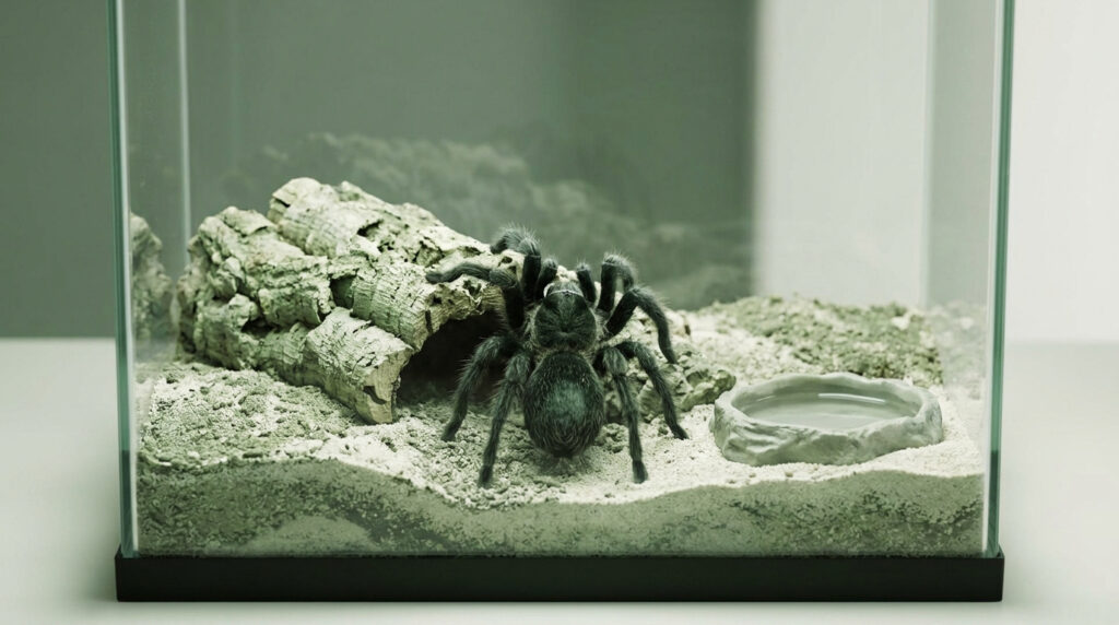 Une mygale noire marche sur le sable dans un terrarium en verre équipé d'une cachette en écorce et d'un abreuvoir.
