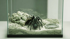 Une mygale noire marche sur le sable dans un terrarium en verre équipé d'une cachette en écorce et d'un abreuvoir.
