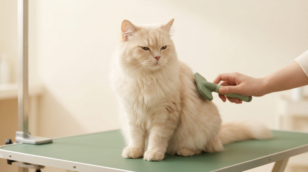 Un chat à poils longs beige assis sur une table de toilettage pendant qu'une personne le brosse avec une brosse douce.