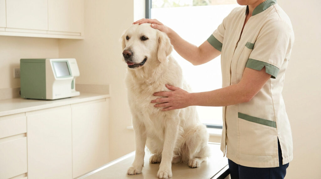 Un vétérinaire examine un golden retriever calme assis sur une table d'examen dans un cabinet médical.