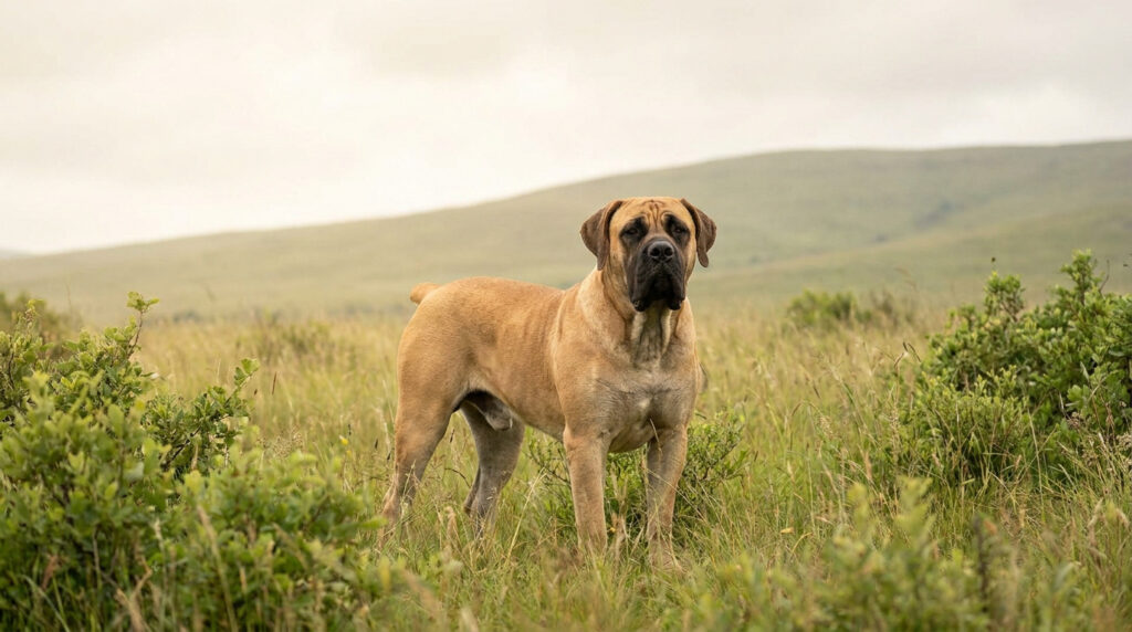 Un majestueux chien Boerboel au pelage fauve se tient debout dans un champ herbeux sous un ciel couvert.