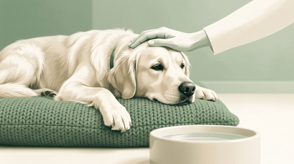 Un golden retriever couché sur un coussin vert, rassuré par une main humaine, avec un bol d'eau au premier plan.