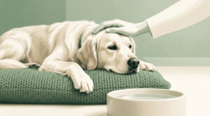 Un golden retriever couché sur un coussin vert, rassuré par une main humaine, avec un bol d'eau au premier plan.