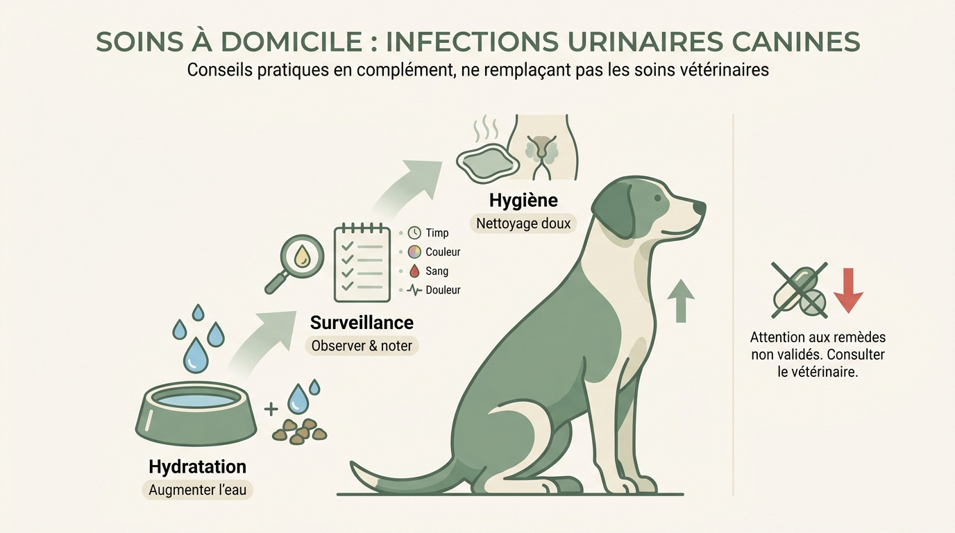 Chien recevant des soins pour une infection urinaire à la maison