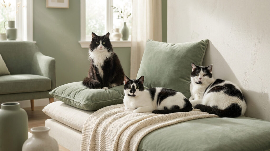 Trois chats noir et blanc assis et allongés sur un canapé confortable dans un salon aux tons vert sauge.